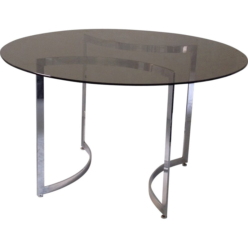 DOM round dining table in hardened glass and steel, Paul LEGEARD - 1970s