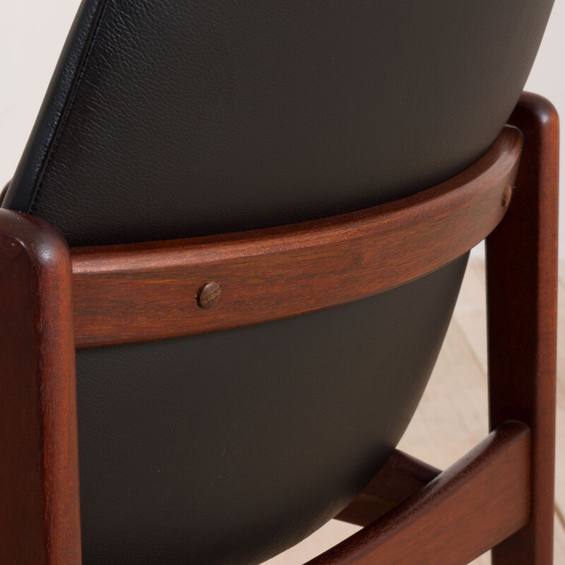 Vintage Paper Knife chair by Kai Kristiansen in teak desk dining chair in black leather, Denmark 1960s 