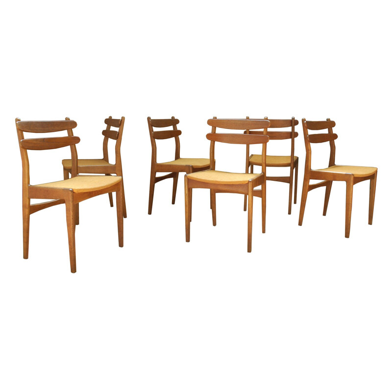 Set of 6 Danish dining chairs in teak and yellow fabric - 1960s