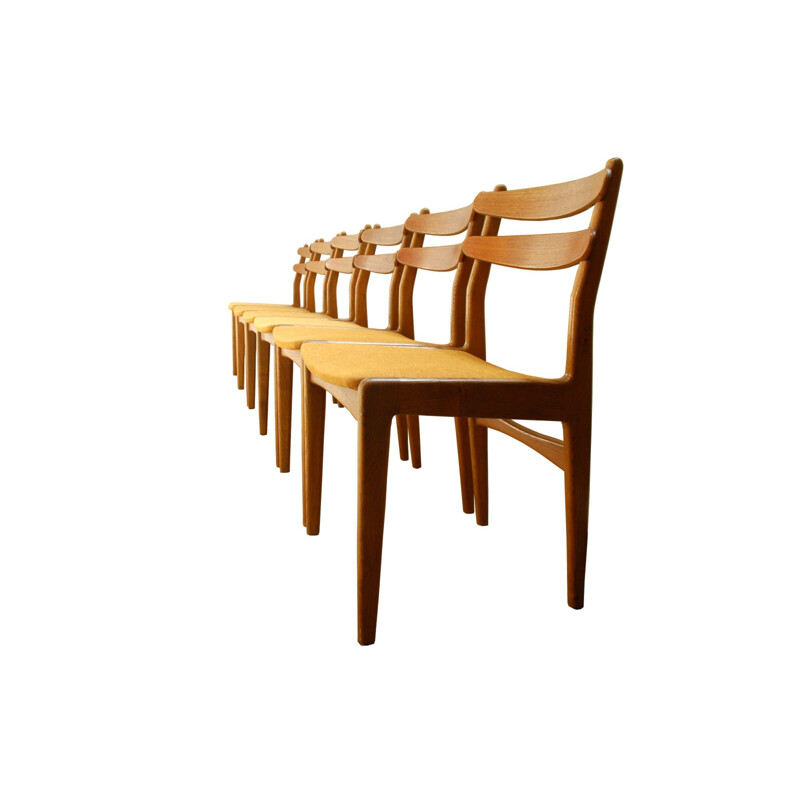 Set of 6 Danish dining chairs in teak and yellow fabric - 1960s