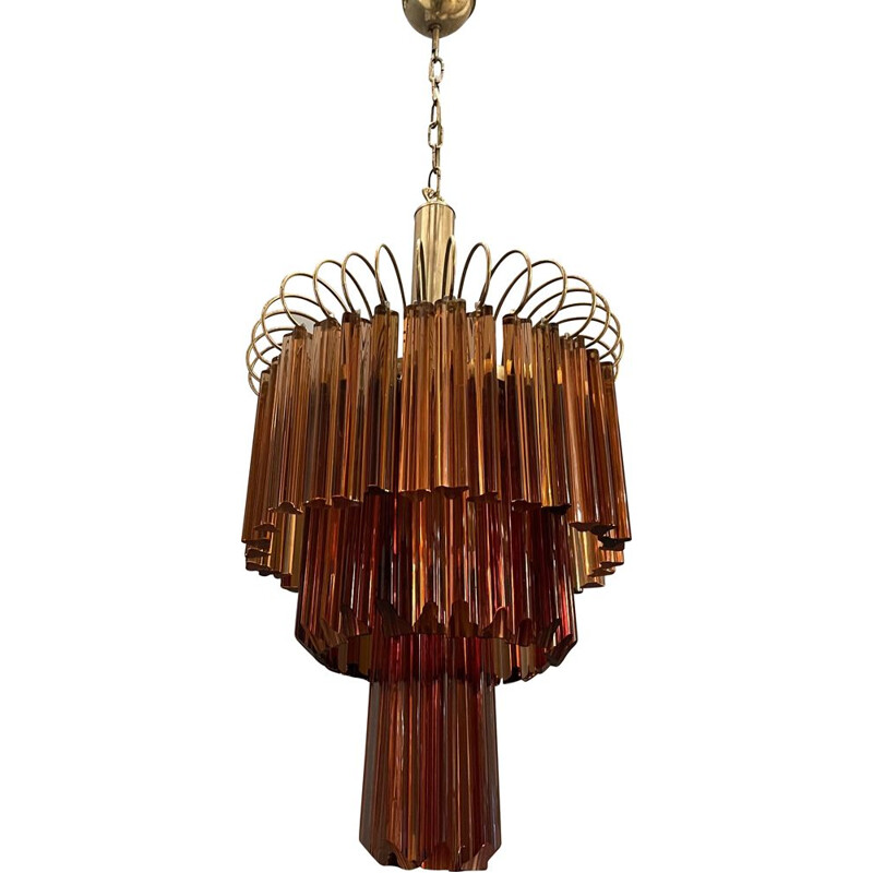 Grand lustre vintage en verre de Murano Prisme Rose Caramel par Venini Paolo 1960