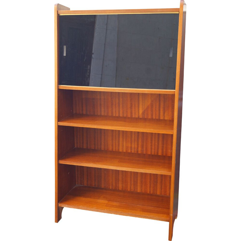 Vintage trapeze bookcase in wood and glass 1950s