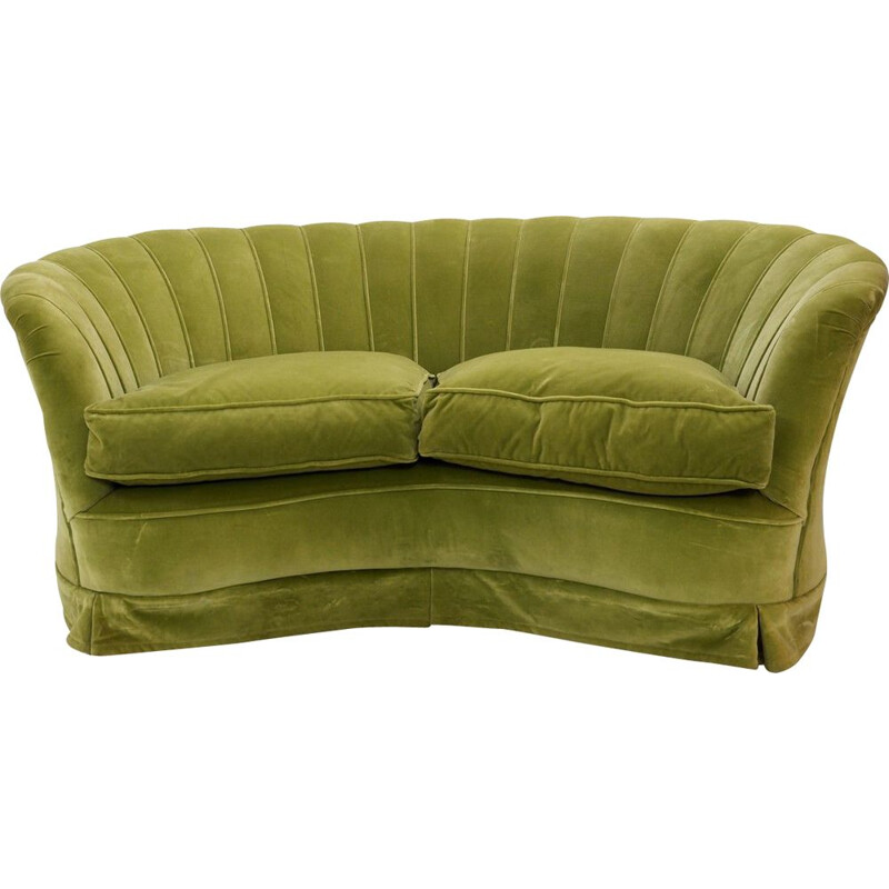 Vintage 2 Seater Shell Sofa In Original Green Velvet