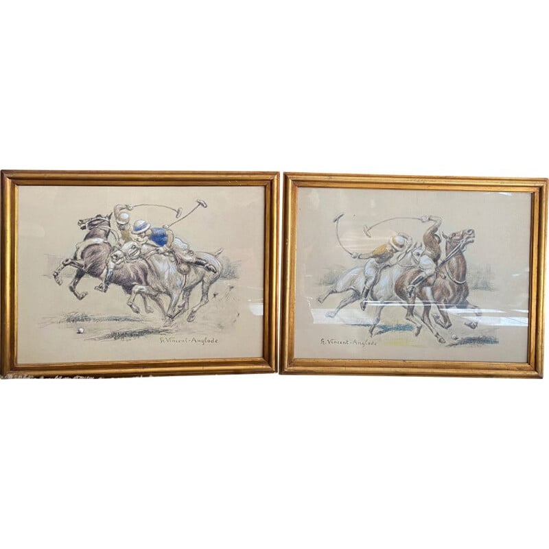 Pair of vintage Henri Vincent Anglade "Polo Players" Pastels 1930s