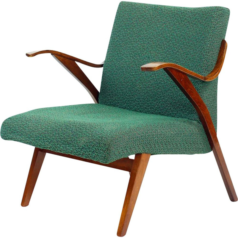 Vintage Bentwood Armchair In Original Green Fabric By Mier, Czechoslovakia 1964