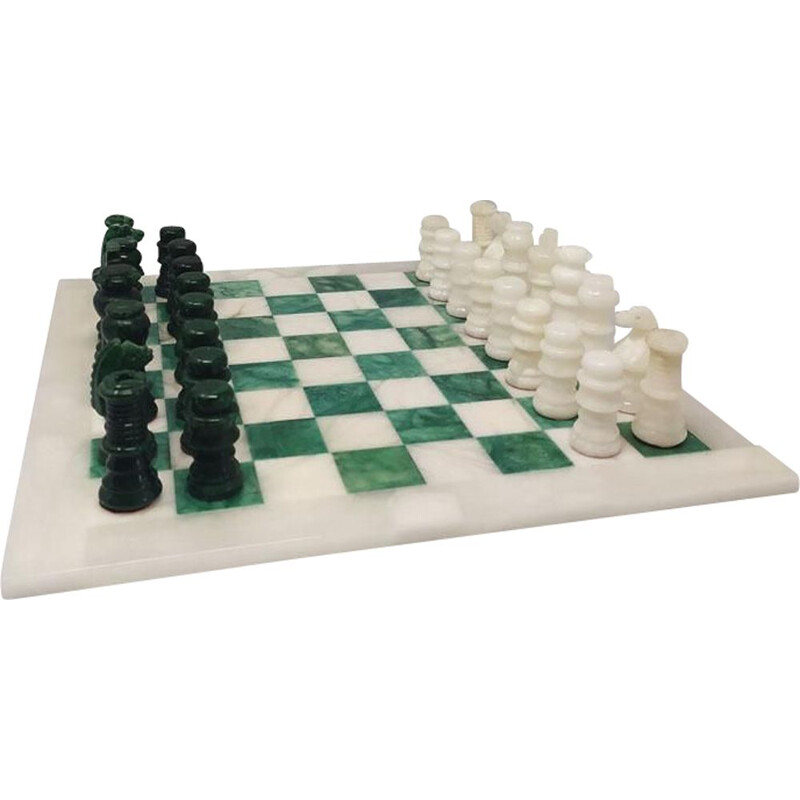 Vintage Green and White Chess Set in Volterra Alabaster Handmade, Italy 1970s