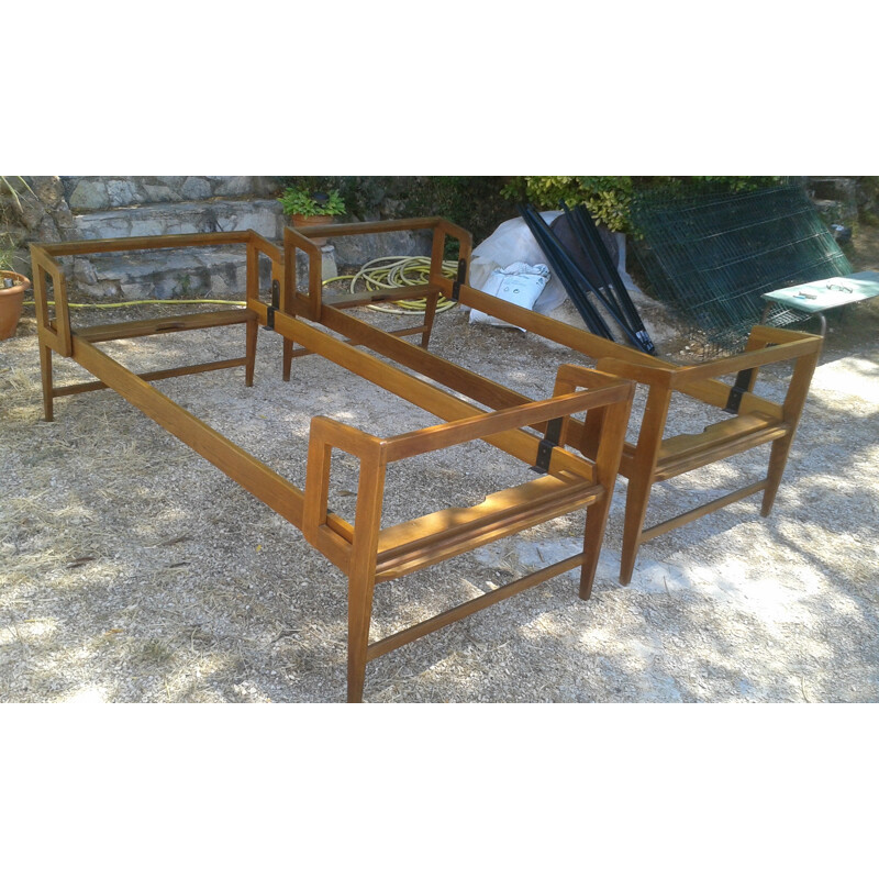 Pair of French beds in metal and oakwood, Marcel GASCOIN - 1950s
