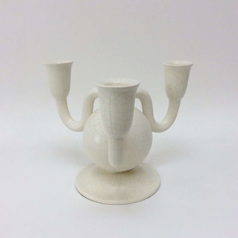 Large vintage Art Deco candlestick in cracked ceramic, France 1930s