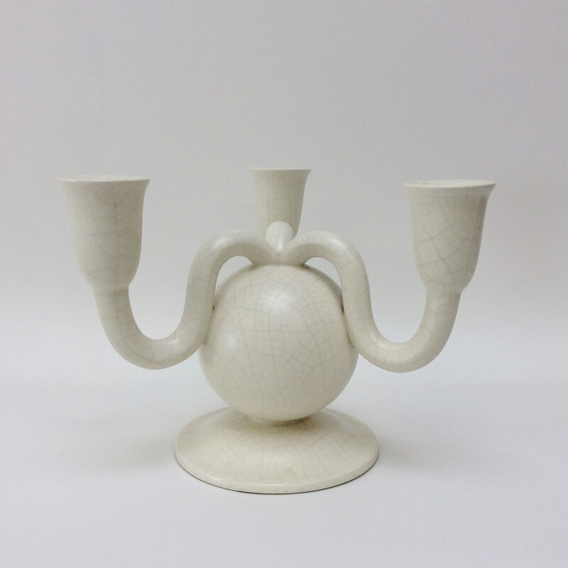 Large vintage Art Deco candlestick in cracked ceramic, France 1930s