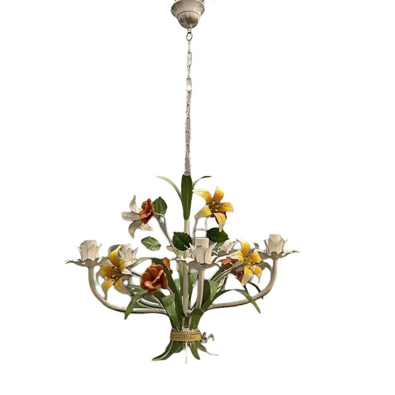 Vintage Tole Flower Chandelier, Italian 1960s