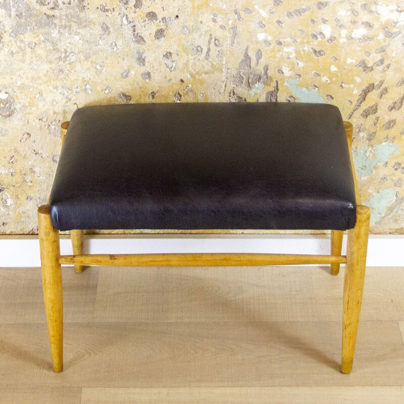 Mid Century Wood And Leather Footstool, Spain 1950s