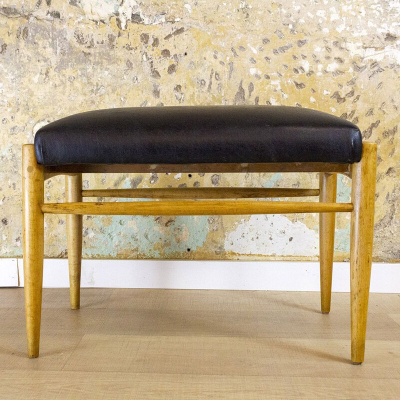 Mid Century Wood And Leather Footstool, Spain 1950s