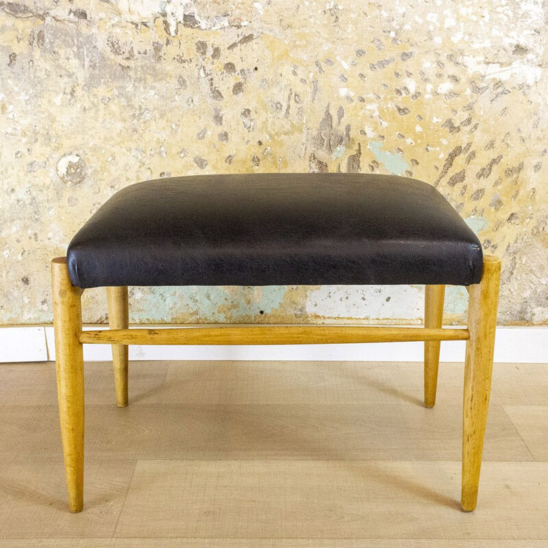 Mid Century Wood And Leather Footstool, Spain 1950s