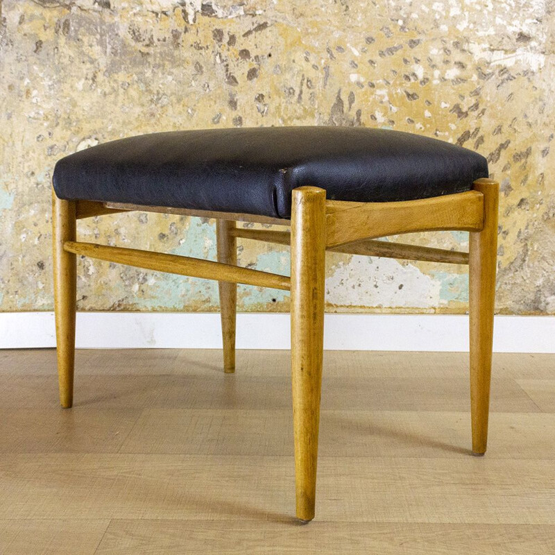 Mid Century Wood And Leather Footstool, Spain 1950s