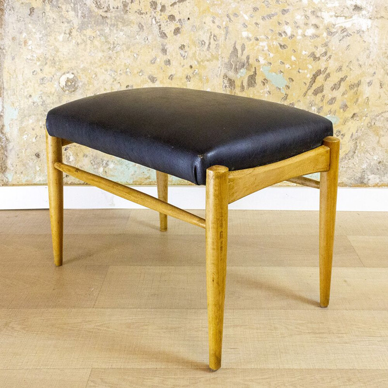 Mid Century Wood And Leather Footstool, Spain 1950s