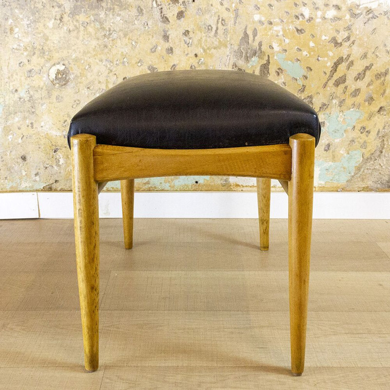 Mid Century Wood And Leather Footstool, Spain 1950s