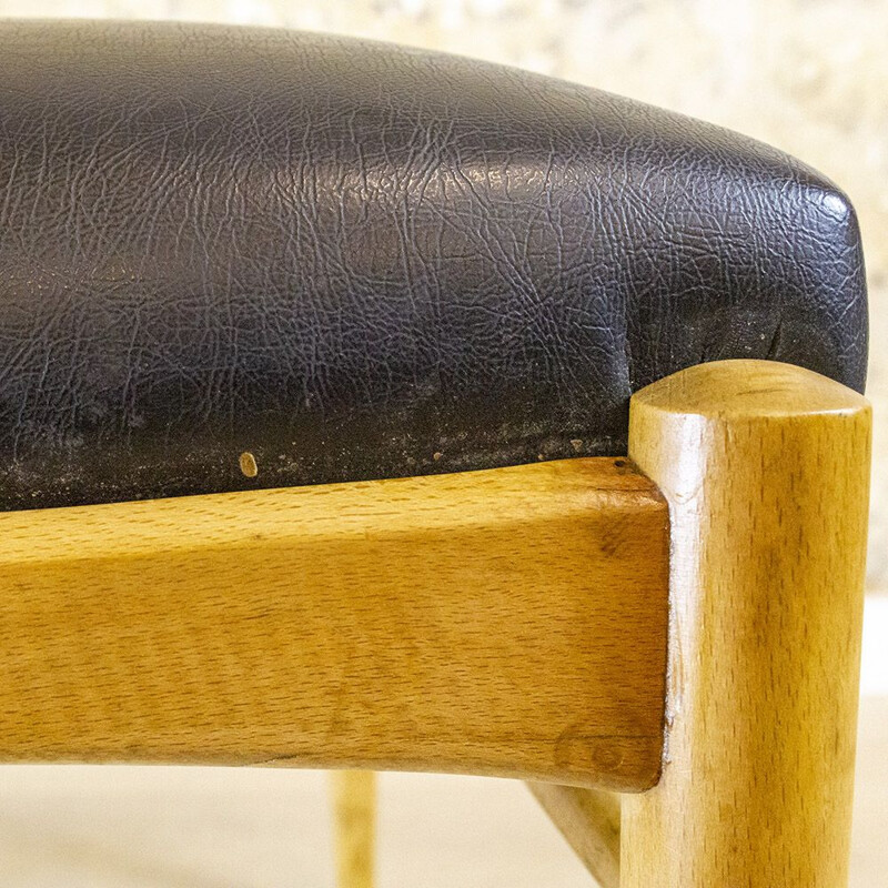 Mid Century Wood And Leather Footstool, Spain 1950s