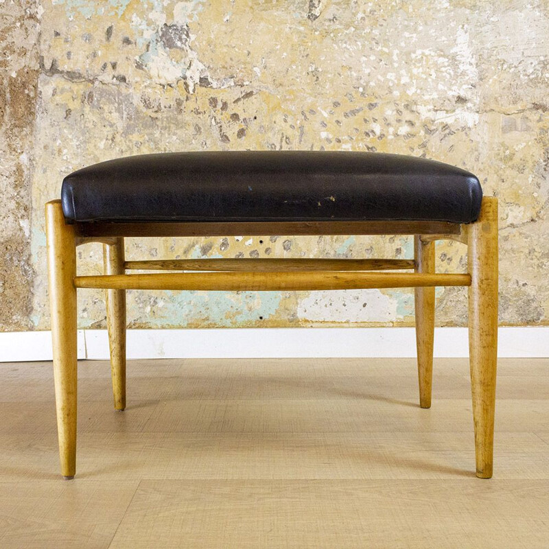 Mid Century Wood And Leather Footstool, Spain 1950s