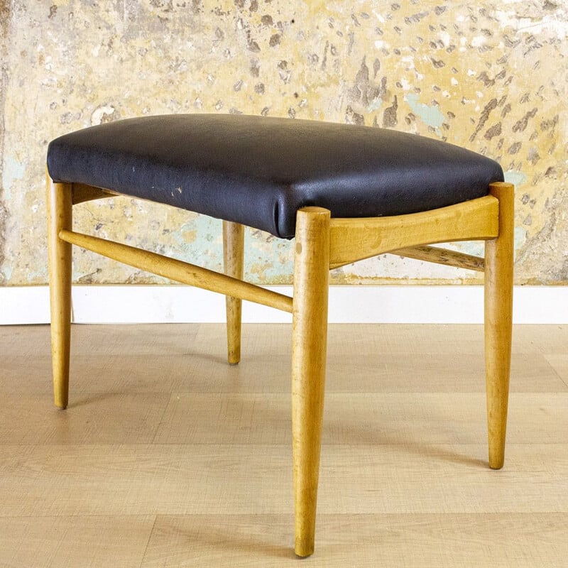 Mid Century Wood And Leather Footstool, Spain 1950s