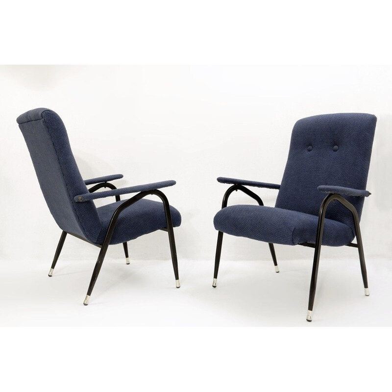 Pair of vintage black metal armchairs with blue upholstery, Italy