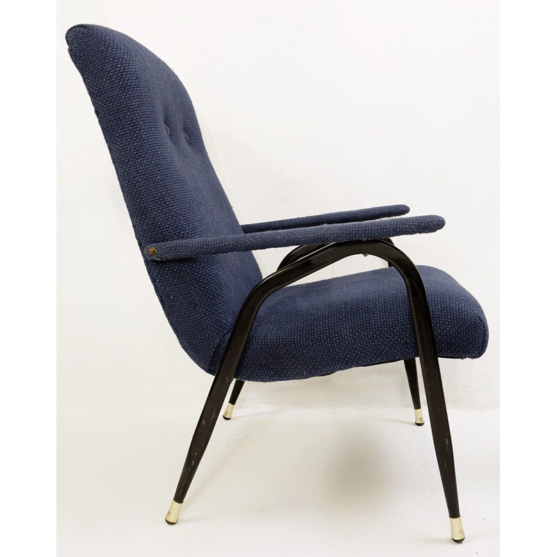 Paar vintage zwart metalen fauteuils met blauwe bekleding, Italië