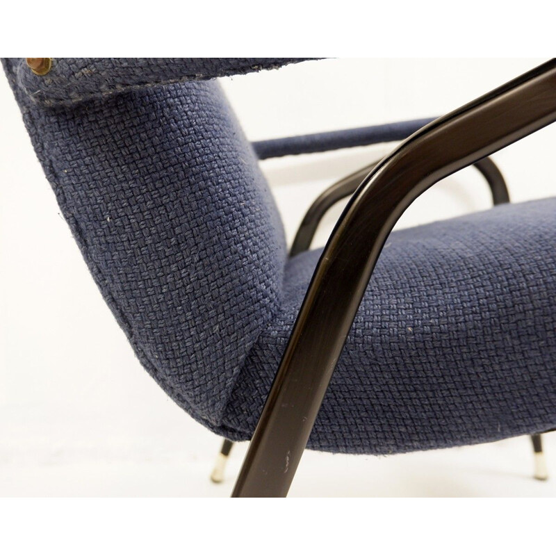 Pair of vintage black metal armchairs with blue upholstery, Italy