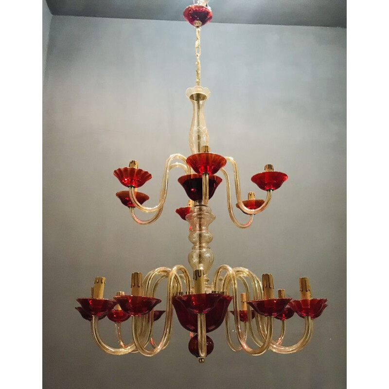 Large vintage Venetian Ruby Red Murano Glass Chandelier