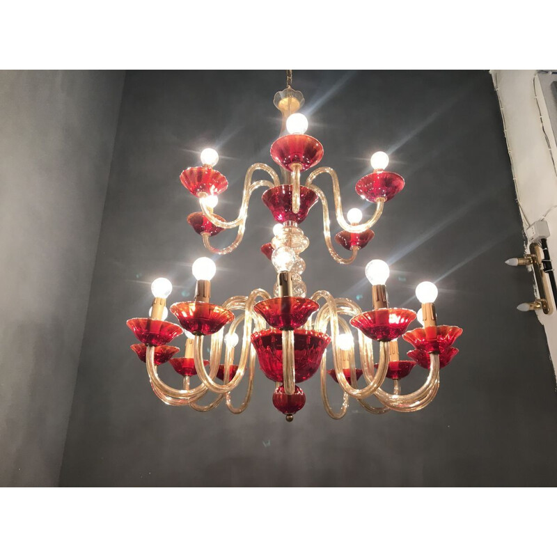 Large vintage Venetian Ruby Red Murano Glass Chandelier