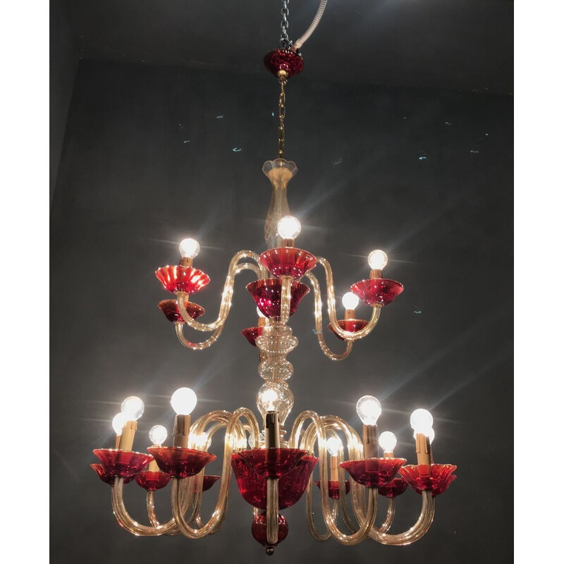 Grand lustre vintage en verre de Murano rouge rubis vénitien