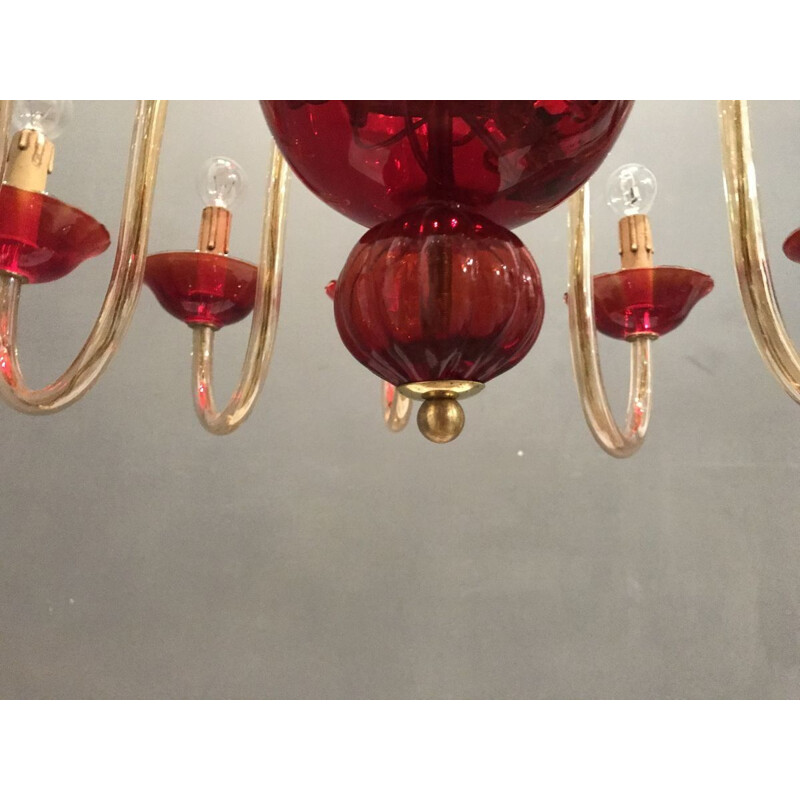 Grand lustre vintage en verre de Murano rouge rubis vénitien