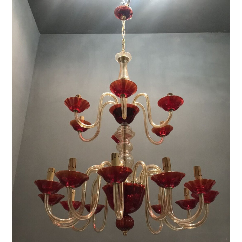 Large vintage Venetian Ruby Red Murano Glass Chandelier