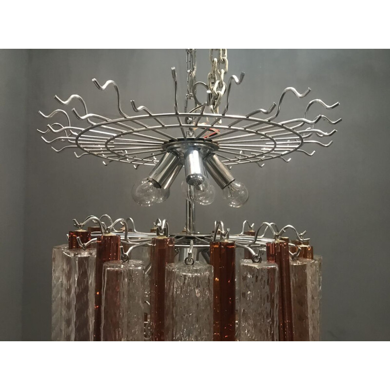 Grand lustre vintage en verre de Murano à prisme rose caramel