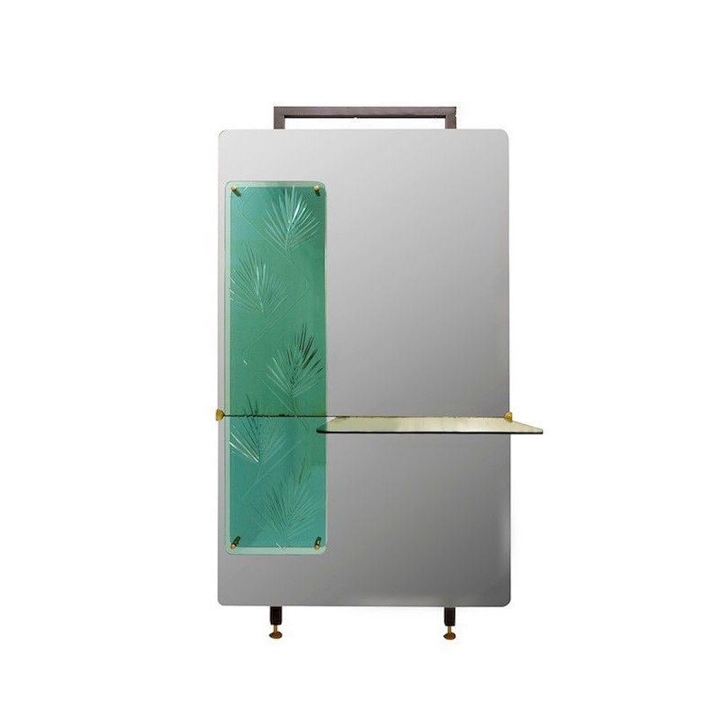 Miroir de console vintage avec panneau décoratif gravé en cristal, Italie 1960