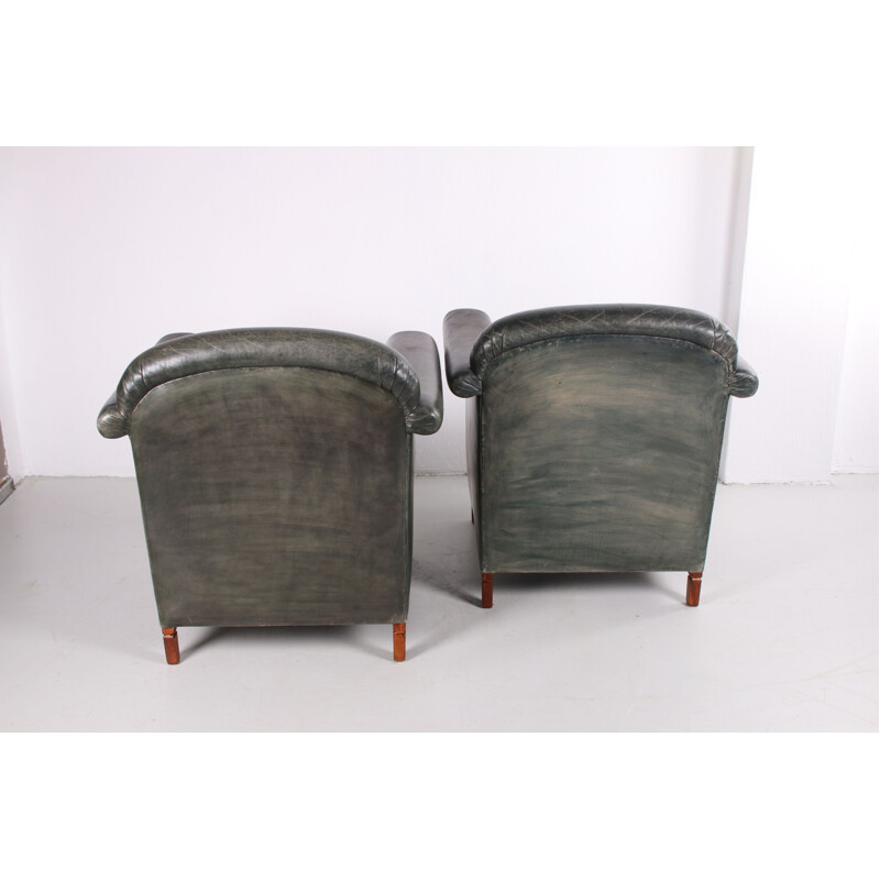 Paire de fauteuils vintage en cuir couleur verte 1970