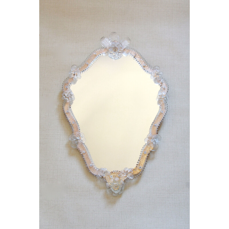 Large vintage Fiorellino Murano Wall Mirror with Roses, Italy 1940s