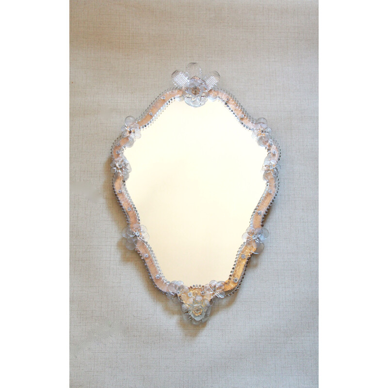 Large vintage Fiorellino Murano Wall Mirror with Roses, Italy 1940s