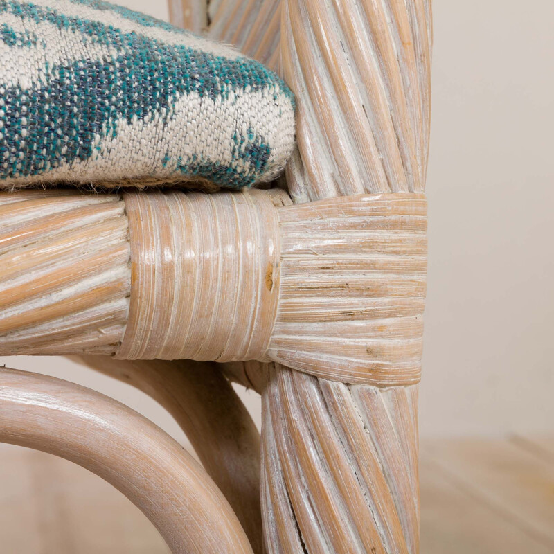 Vintage cane and reed dining set with round faux marble table and 4 rattan wicker chairs, 1980s