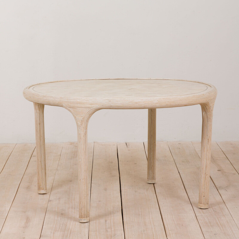 Vintage riet en rieten tafelset met ronde tafel van imitatiemarmer en 4 rotan stoelen, 1980