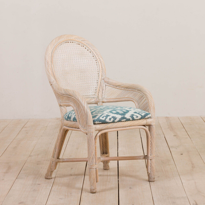 Vintage riet en rieten tafelset met ronde tafel van imitatiemarmer en 4 rotan stoelen, 1980