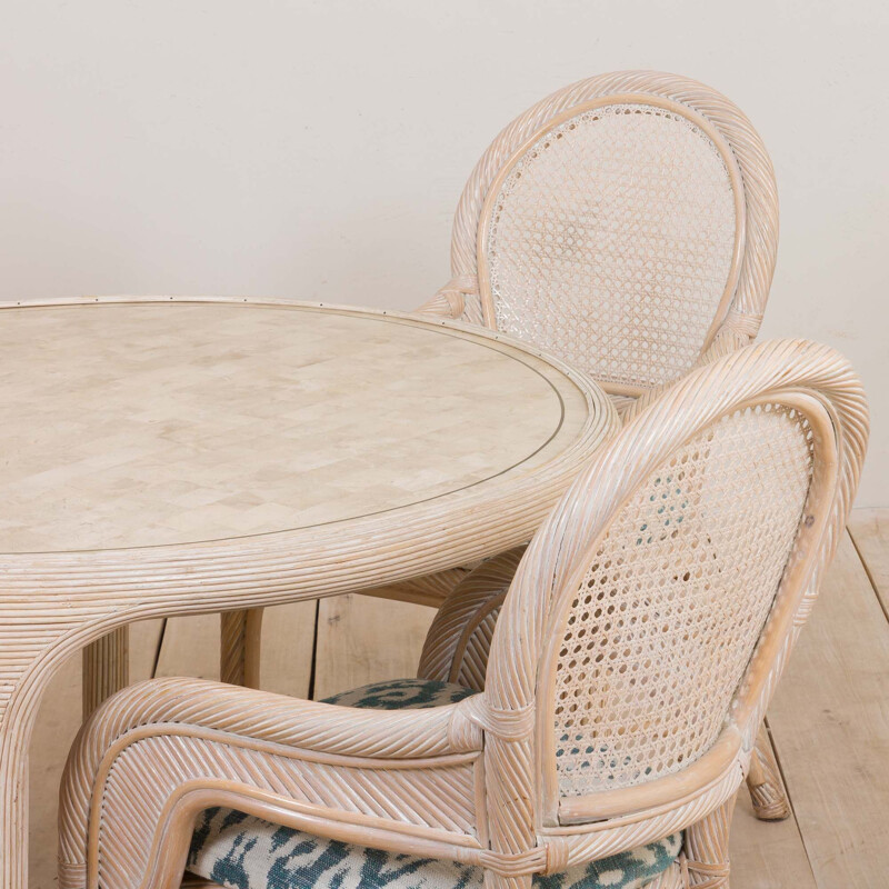 Vintage cane and reed dining set with round faux marble table and 4 rattan wicker chairs, 1980s