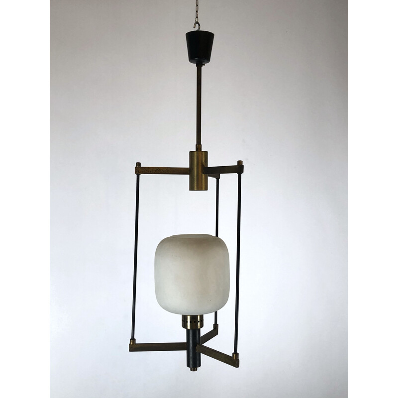 Vintage brass and opaline glass pendant lamp Stilnovo 1950s