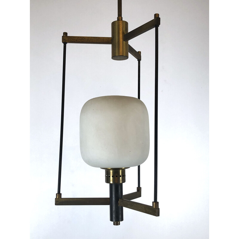 Vintage brass and opaline glass pendant lamp Stilnovo 1950s