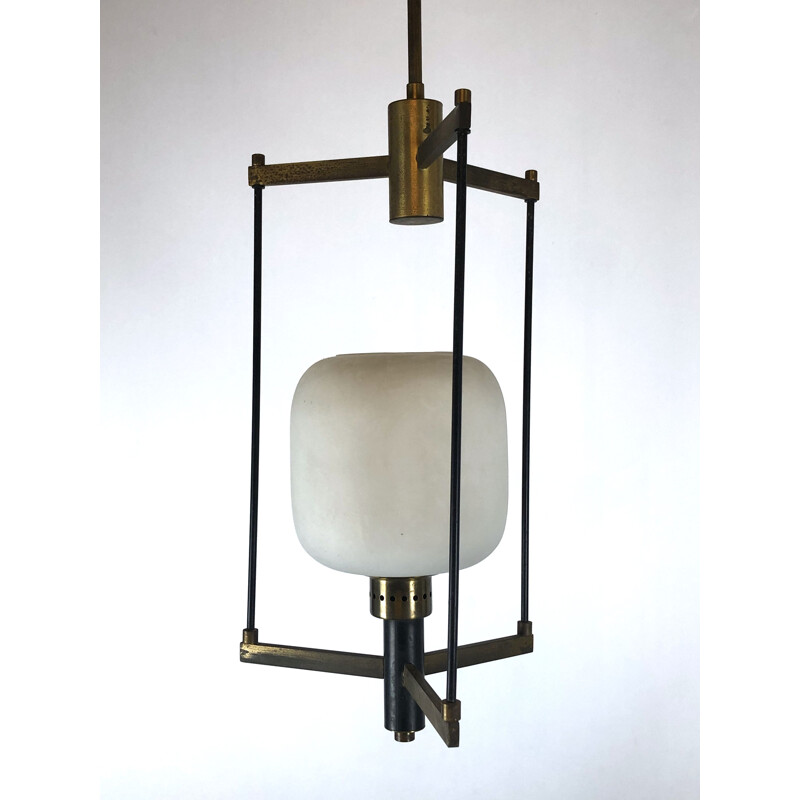 Vintage brass and opaline glass pendant lamp Stilnovo 1950s