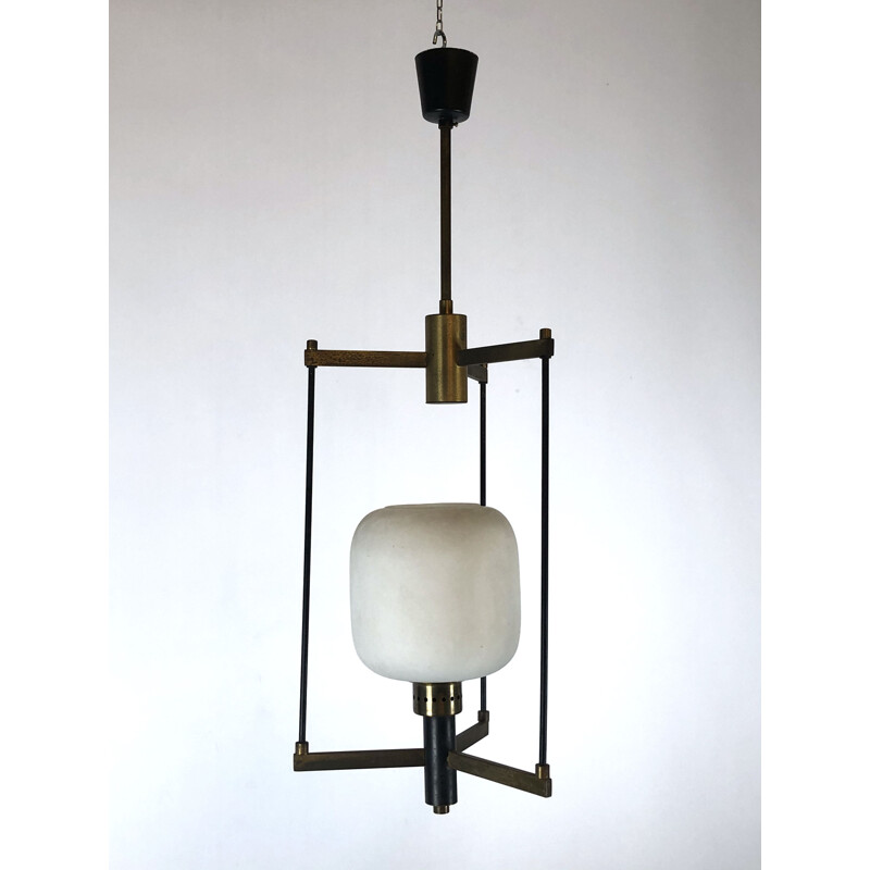 Vintage brass and opaline glass pendant lamp Stilnovo 1950s