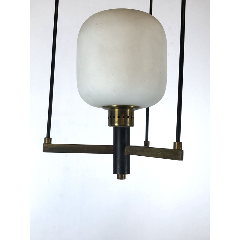 Vintage brass and opaline glass pendant lamp Stilnovo 1950s