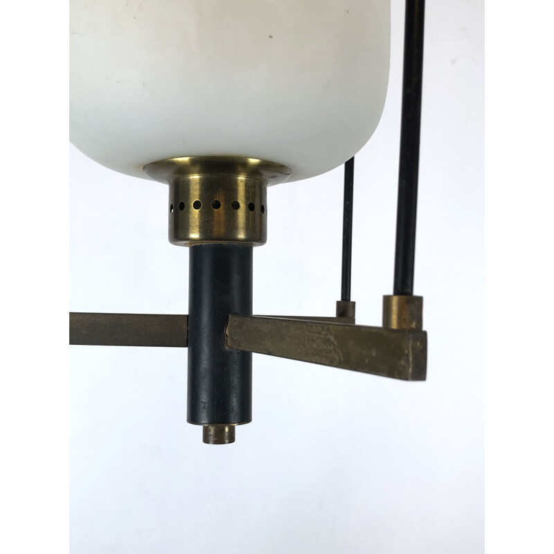 Vintage brass and opaline glass pendant lamp Stilnovo 1950s