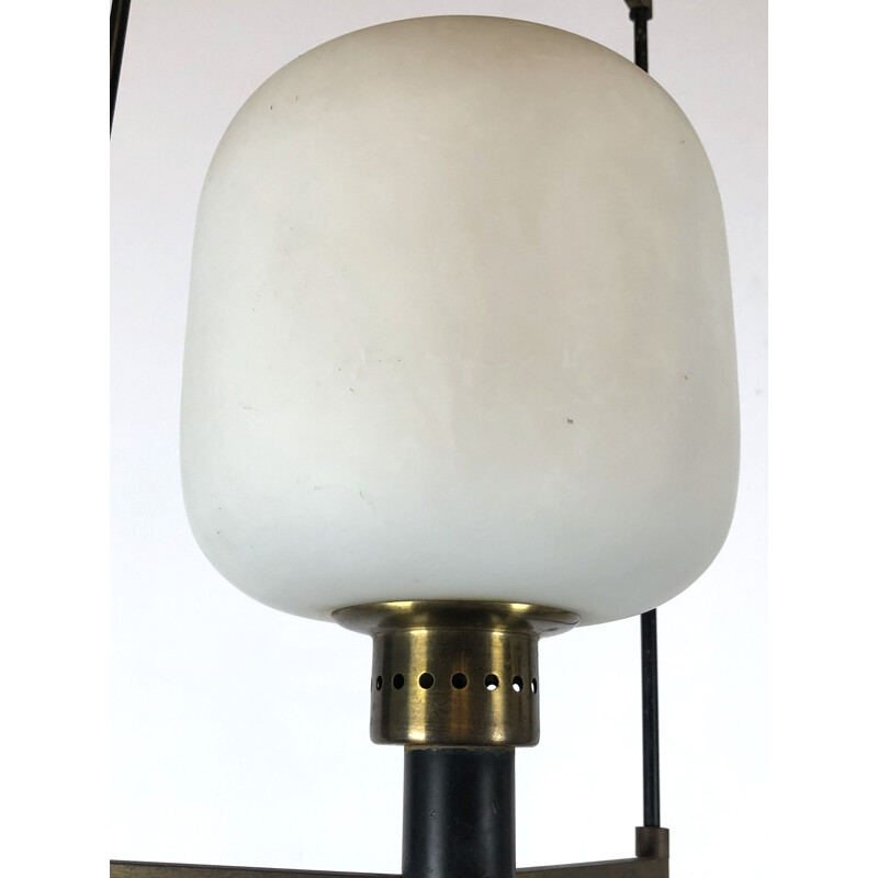 Vintage brass and opaline glass pendant lamp Stilnovo 1950s