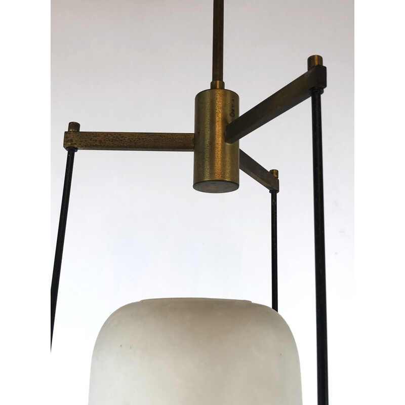 Vintage brass and opaline glass pendant lamp Stilnovo 1950s