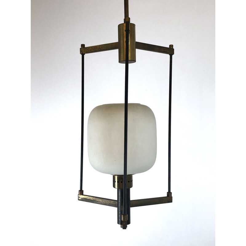 Vintage brass and opaline glass pendant lamp Stilnovo 1950s