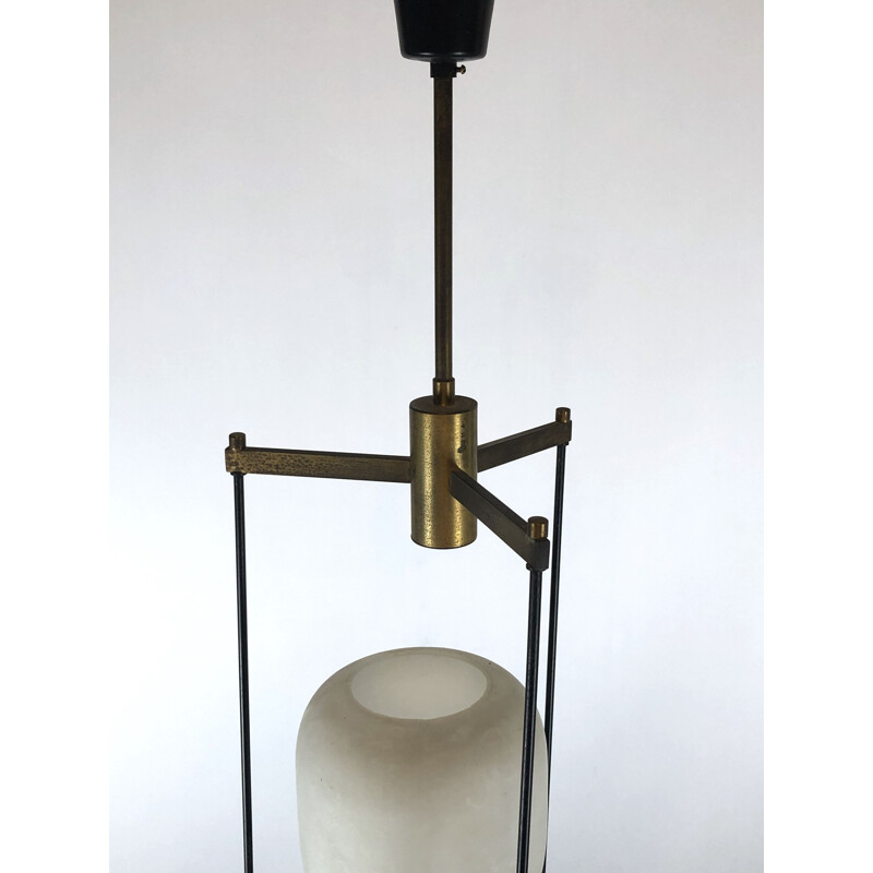 Vintage brass and opaline glass pendant lamp Stilnovo 1950s